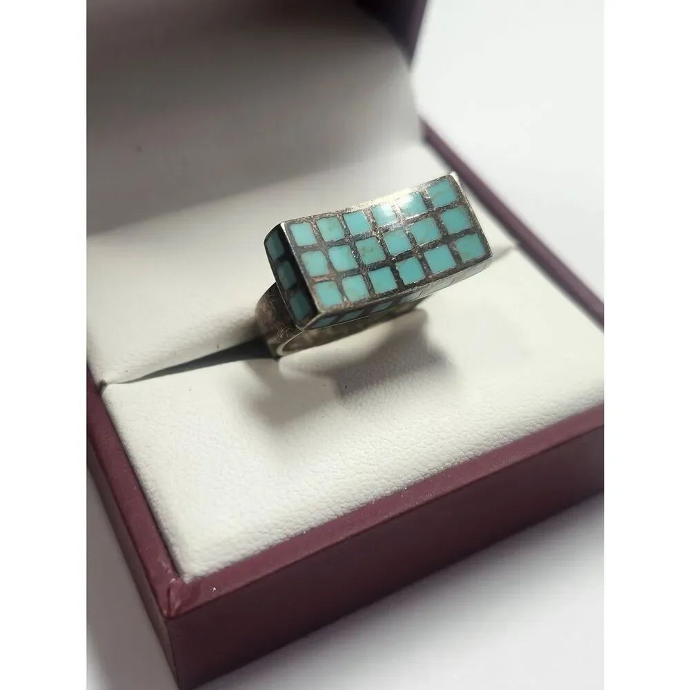 Sterling Silver Turquoise Mosaic Inlay Curved Rectangle 925 Ring 6.5 Vintage